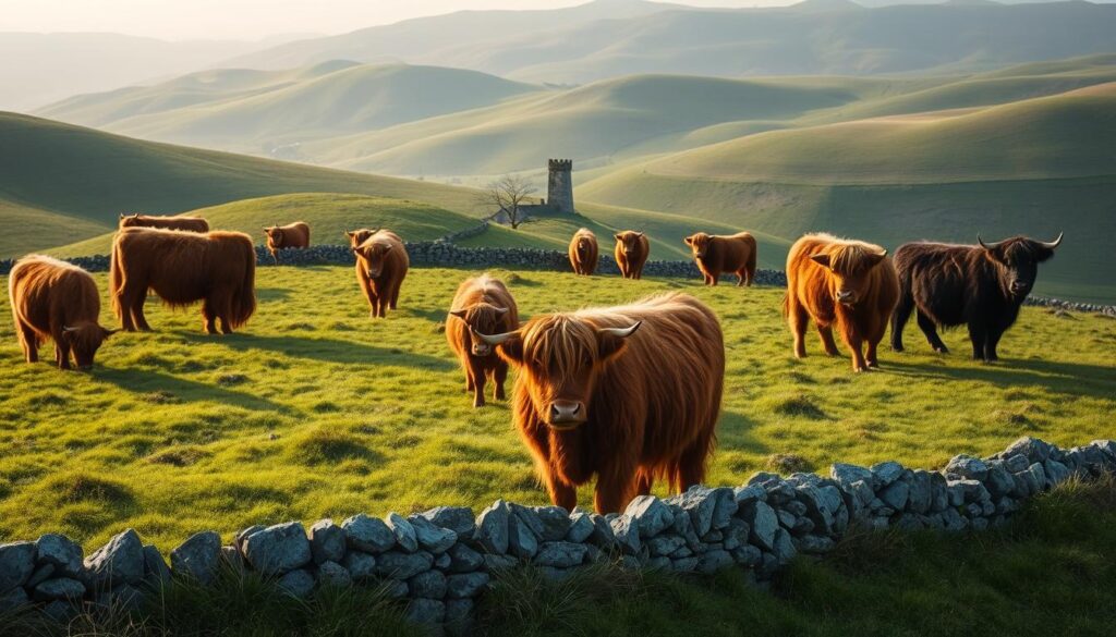 Highland cows in Irish countryside grazing peacefully Highland cows in Irish countryside grazing peacefully