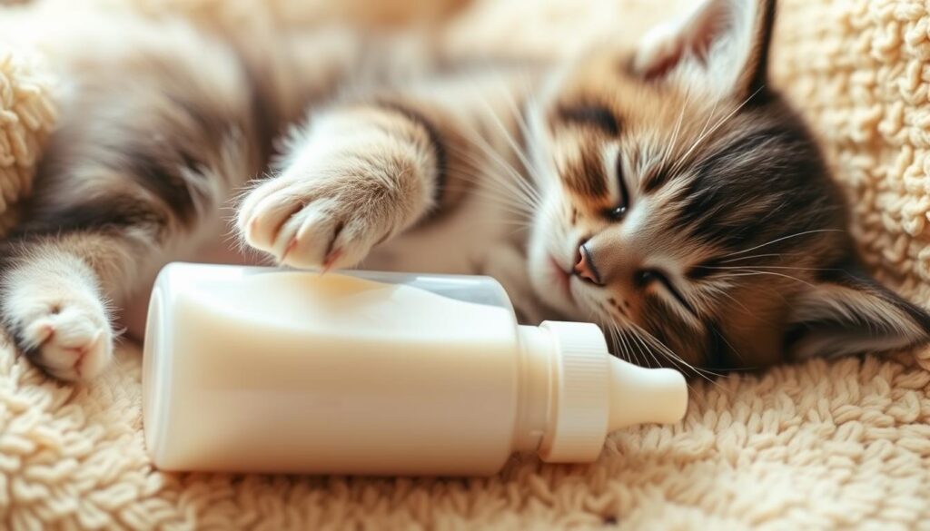Kitten with commercial milk replacer and feeding bottle - better than cow milk dilution for kittens