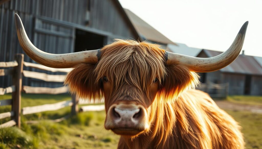 highland cattle horn features in a farm environment